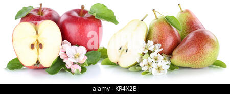 Apfel und Birne Äpfel Birnen rote Früchte Obst geschnitten Freisteller isoliert vor einem weissen Hintergrund Stock Photo
