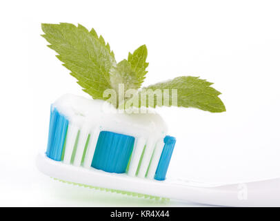 Toothbrush with toothpaste and fresh leaves of mint Stock Photo