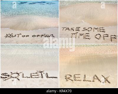 Collage of relaxation messages written on sand Stock Photo