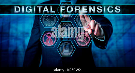 Crime Investigator Pressing DIGITAL FORENSICS Stock Photo