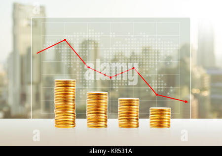 Money loss, Business concept. Gold coin stacks. Finance down with world map and cityscape background. Stock Photo