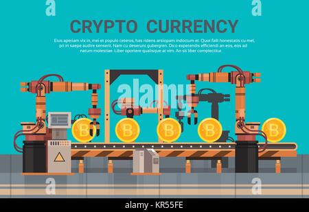 Crypto Currency Production Bitcon Mining Conveyor Technology Modern Web Money Concept Stock Vector
