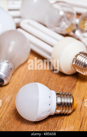new LED lamp and pile of old incandescent light bulbs and used compact ...
