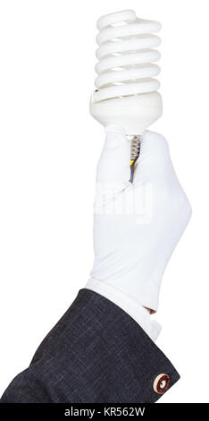 male hand in jaket and textile glove holds compact fluorescent lamp ...