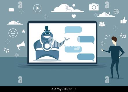 Man Chatting With Chat Bot From Digital Tablet Or Cell Smart Phone Digital Support Technology Stock Vector