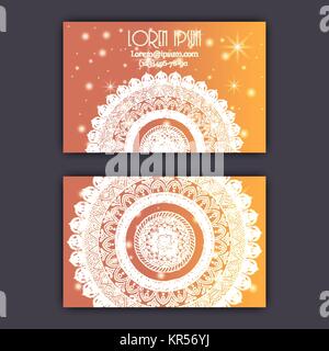 Vector vintage visiting card set. Glowing shiny floral mandala pattern and ornaments. Luxury design Stock Vector