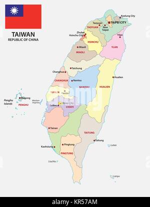 Taiwan administrativ and political vector map with flag Stock Vector