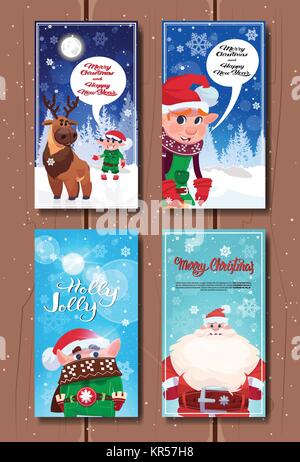 Merry Christmas And Happy New Year Posters Set Cute Santa, Elfs And Reindeer Characters On Holiday Banners Stock Vector