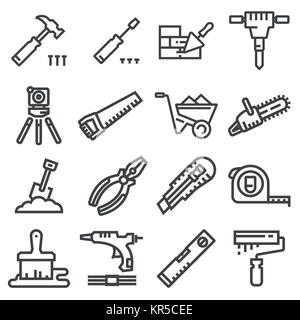 Vector Set of Modern Thin Outline Construction Working Tools and Industrial Items. Vector illustrations Stock Vector