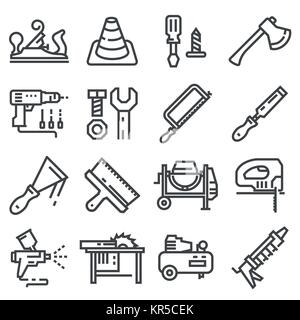 Vector Set of Modern Thin Outline Construction Working Tools and Industrial Items. Vector illustrations Stock Vector