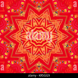 Abstract geometric seamless background. Centered star ornament in yellow orange on red with multicolored elements, conspicuous and dreamy. Stock Photo