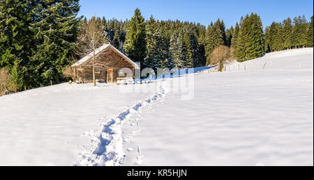 Footprints in snow leading to old wooden cabin and forest. Allgau, Bavaria, Germany, Alps. Stock Photo