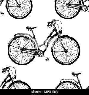Seamless vector pattern with hand drawn bicycle. Sketch, ink illustration old bikes on white background, vintage decorative style for design greeting card, advertising, fashion print Stock Vector