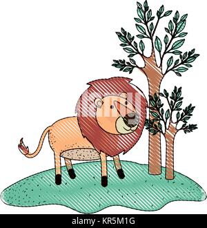 lion cartoon in forest next to the trees in colored crayon silhouette Stock Vector