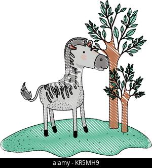 zebra cartoon in forest next to the trees in colored crayon silhouette Stock Vector