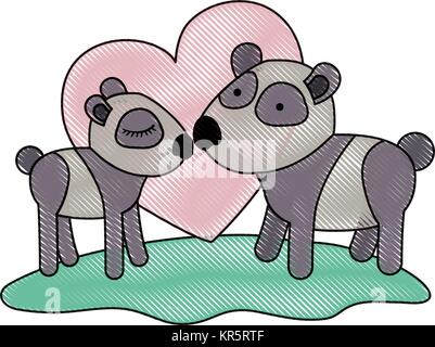 pandas couple over grass in colored crayon silhouette on white background with heart Stock Vector