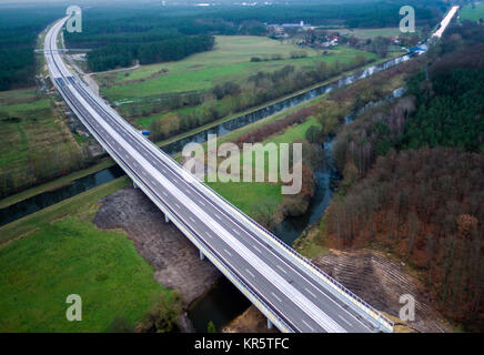 The finished, brand new A14 motorway bridge, crossing the river Elde is photographed with a drone near Grabow, Germany, 16 December 2017. The Eldetal Bridge is one of the longest with a length of 506, 5 metres between Groß Warnow and Grabow. The section will be officially opened on the 20th of December 2017. The 155 kilomtre line between Schwerin and Magdeburg cost approximately 1, 3 billion Euros and should be completed by 2020. Photo: Jens Büttner/dpa-Zentralbild/dpa Stock Photo