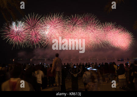 Qatar National Day is observed on December 18 to mark the date in 1878 when Sheikh Jassim bin Mohammed Al Thani succeeded his father as the emir and led Qatar towards unity. Celebrations were cancelled by the government last year to show solidarity with the people of Aleppo during the offensive by Syrian government forces to retake the city from the rebels. This year's festivities take place as Qatar continues to face a blockade, now in its seventh month, imposed by some of its Gulf neighbours. Stock Photo