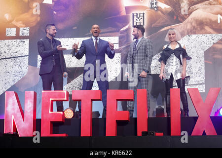 (L to R) Director David Ayer, Will Smith, Joel Edgerton and actress Noomi Rapace, attend the Japan premiere for the movie Bright on December 19, 2017, Tokyo, Japan. The casts received a warm welcome from the Japanese fans at the event. The film will be released globally on Netflix on December 22. Credit: Rodrigo Reyes Marin/AFLO/Alamy Live News Stock Photo