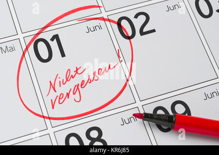 calendar with a mark not forget - june 1 Stock Photo