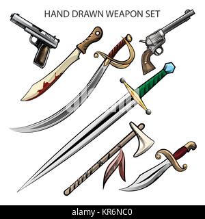 Set of hand drawn various weapon. Vector illustration. Stock Vector