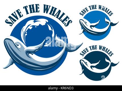 Hand Drawn Blue Whale and wording Save the Whales emblem or label set. Vector illustration. Stock Vector