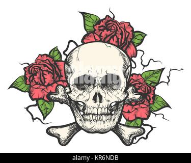 Human skull with rose flowers. Vector illustration in tattoo style. Stock Vector