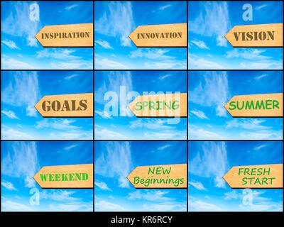 Photo collage of images with arrow over blue sky Stock Photo