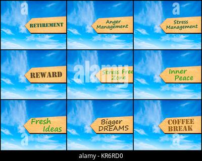 Photo collage of images with arrow over blue sky Stock Photo