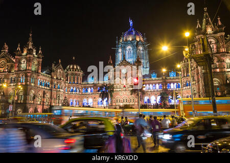 Illuminated Chhatrapati Shivaji Maharaj Terminus (CSMT) formerly known as Victoria Terminus Railway station, Mumbai, India. Stock Photo