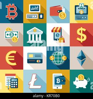 Digital vector bitcoin cryptocurrency and electronic money payments transfer icons set. Litecoin, ethereum, mining pools, blockchain and virtual tradi Stock Vector