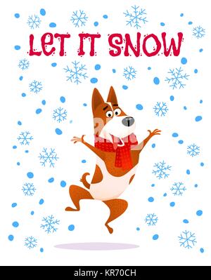Let it snow. Funny cartoon jumping dog in red scarf. Winter flat joyful character design. Puppy Terrier isolated on white background with snowflakes. Christmas or New Year 2018 vector illustration. Stock Vector