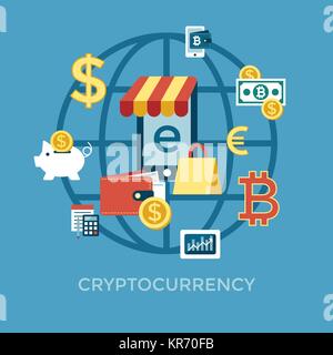 Digital vector bitcoin cryptocurrency and electronic money payments transfer icons set. Litecoin, ethereum, mining pools, blockchain and virtual tradi Stock Vector