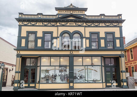 Historic Railroad building for the White Pass and Yukon Route Railway in the port of Skagway, Alaska important during the Klondike Goldrush Stock Photo