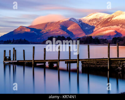 Ashness Jetty, Derwent Water, Lake District, England.  Long Exposure of this beautiful jetty looking over Derwent Water in Winter time. Stock Photo