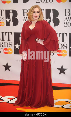 Adele attends the Brit Awards 2016 at the O2 Arena in London. 24th February 2016 © Paul Treadway Stock Photo
