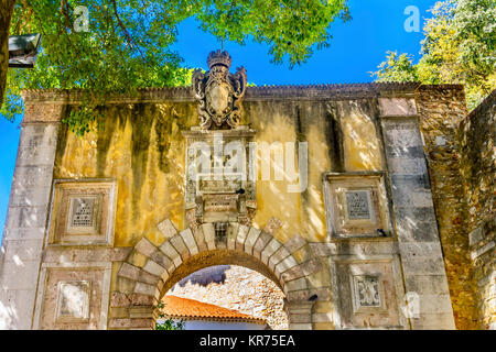 Castle Stone Gate Fort  Castelo de San Jorge Lisbon Portugal.  Recaptured Lisbon in 1147 and King Alfonso turned the hilltop into a Castle and Palace Stock Photo