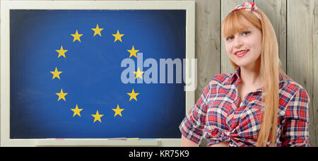 pretty young woman and a European flag Stock Photo