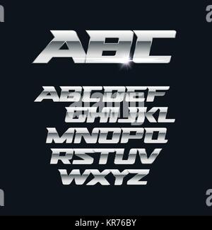 Modern chrome vector font. Metallic letters, polished steel style symbols. Aluminium bold geometric alphabet. Stock Vector