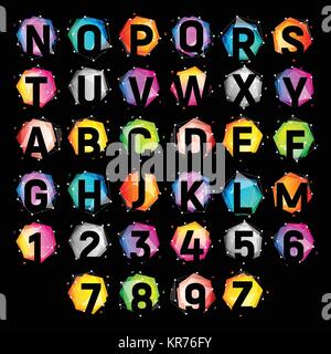 Technological alphabet on a geometric figures with transparent overlay effect. Bright colorful collection letters on black background, vector illustration typography. Abstract logo and monogram set. Stock Vector