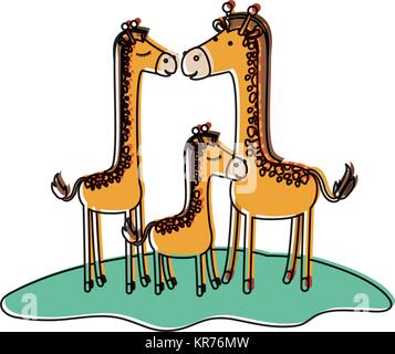 cartoon giraffes couple with calf over grass in watercolor silhouette Stock Vector
