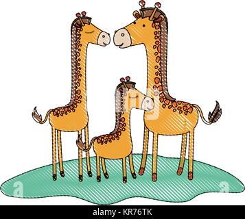 cartoon giraffes couple with calf over grass in colored crayon silhouette Stock Vector