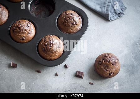 Double Chocolate Muffins with Chocolate Drops in bakeware. Homemade chocolate pastry for breakfast or dessert. Stock Photo