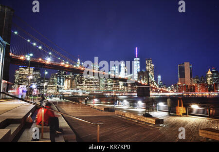 Brooklyn Bridge at night taken from Brooklyn Bridge Park - HDR image. Stock Photo