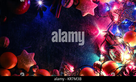 Background of Christmas decorations and gifts with multi-colored Stock Photo