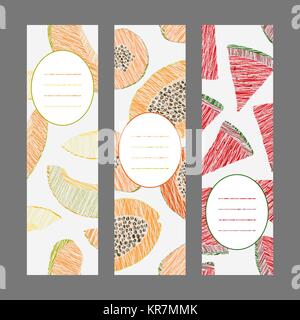 Series of harvest fruit banners. Vertical flyer set. Scratched Papaya, melon and watermelon invitations. Fruit Illustrations for print or leaflet. Pla Stock Vector