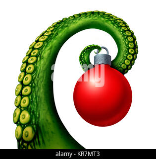 Alien Christmas holiday as the extraterrestrial green tentacle of a space creature holding a winter season or new year ornamental decoration ball. Stock Photo