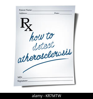 Atherosclerosis diagnosis as a doctor prescription note with text as a medical health care symbol for the treatment of artery blockage. Stock Photo
