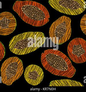 Endless fruit texture. Orange and yellow papaya template. Autumn harvest background. Repeating backdrop with scratched pawpaw slices. Dessert texture. Stock Vector