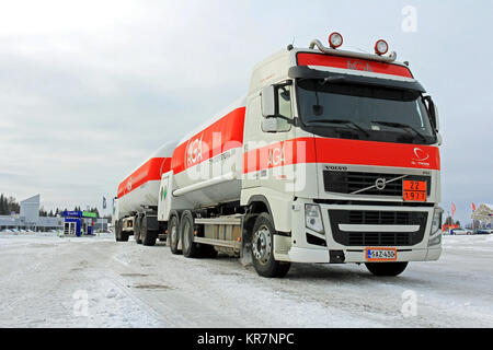 FORSSA, FINLAND – FEBRUARY 2, 2014: Volvo FH AGA gas tanker truck. AGA is launching a new AGA AC gas, HFO R1234yf, for the automotive industry to redu Stock Photo